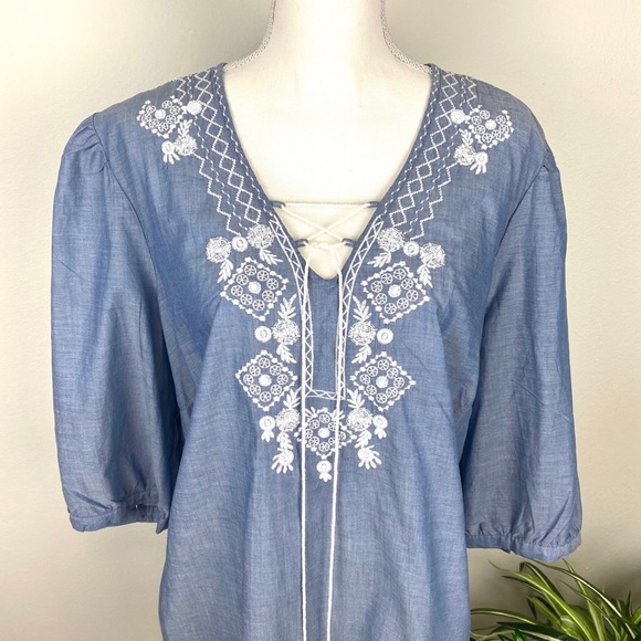 Dressbarn, Plus Size 2X Denim Blue 100% Cotton Tassels Embroidered Blouse NWOT - Picture 4 of 12